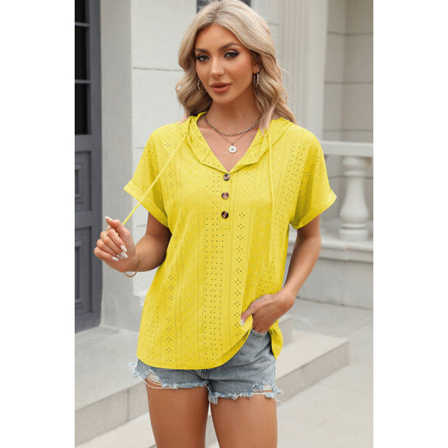 Eyelet Drawstring Hooded Short Sleeve Blouse Apparel and Accessories