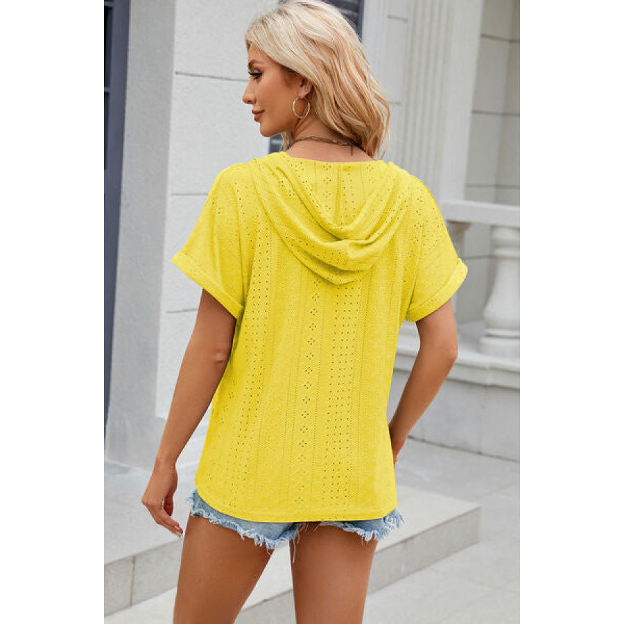 Eyelet Drawstring Hooded Short Sleeve Blouse Apparel and Accessories