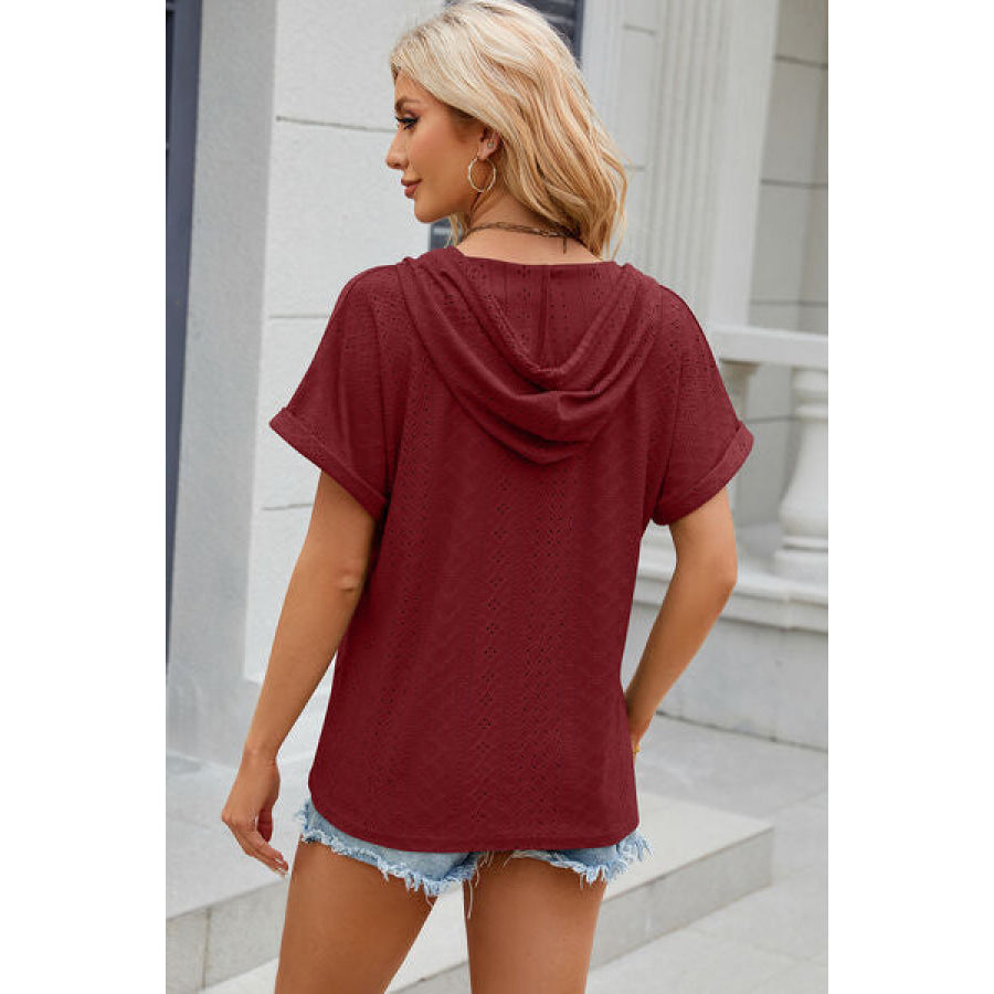 Eyelet Drawstring Hooded Short Sleeve Blouse Apparel and Accessories