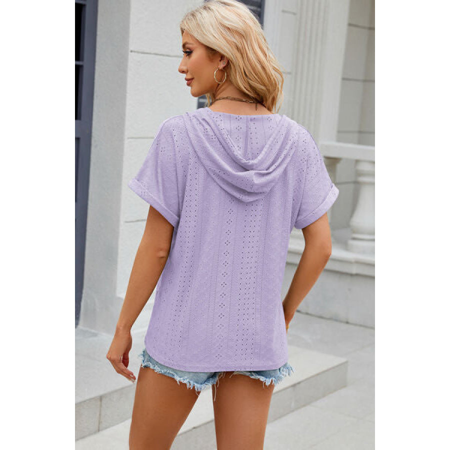 Eyelet Drawstring Hooded Short Sleeve Blouse Apparel and Accessories