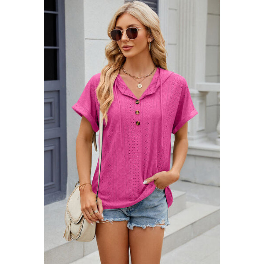 Eyelet Drawstring Hooded Short Sleeve Blouse Hot Pink / S Apparel and Accessories