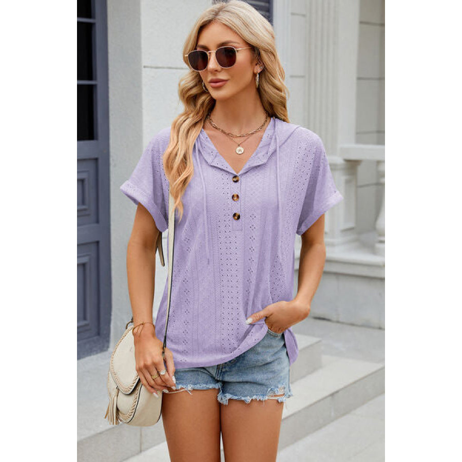 Eyelet Drawstring Hooded Short Sleeve Blouse Lavender / S Apparel and Accessories