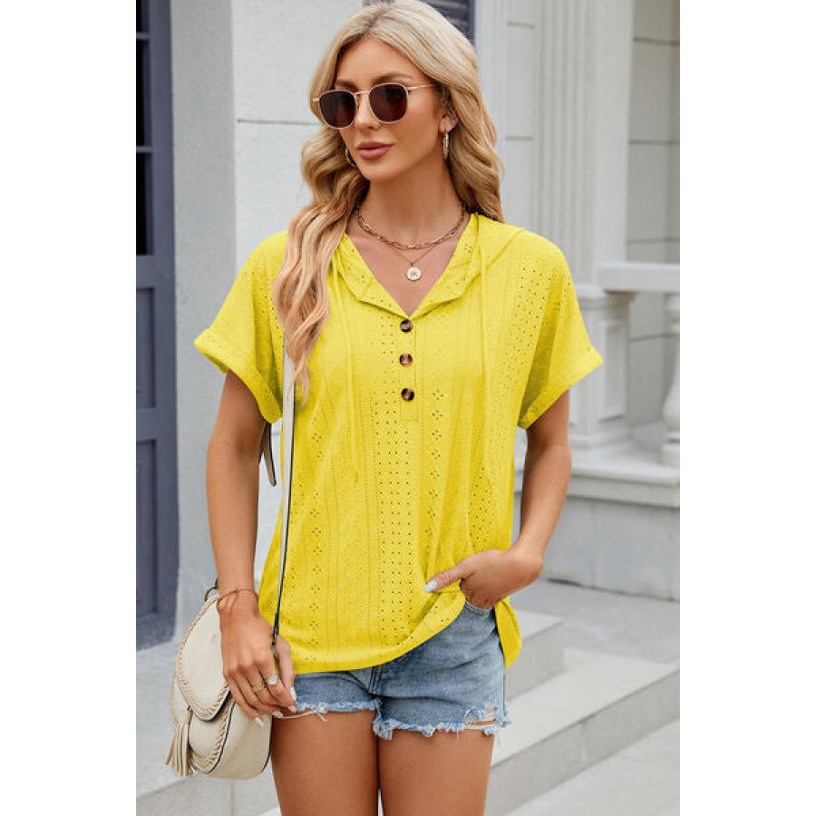 Eyelet Drawstring Hooded Short Sleeve Blouse True Yellow / S Apparel and Accessories