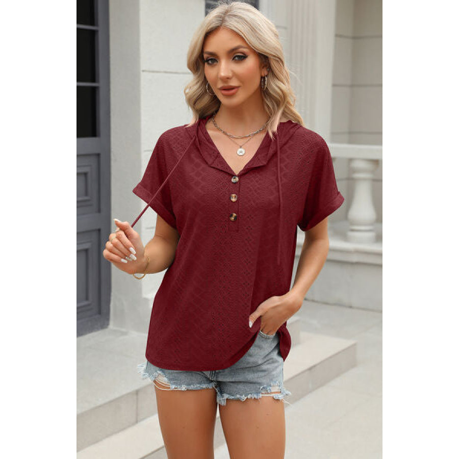 Eyelet Drawstring Hooded Short Sleeve Blouse Wine / S Apparel and Accessories