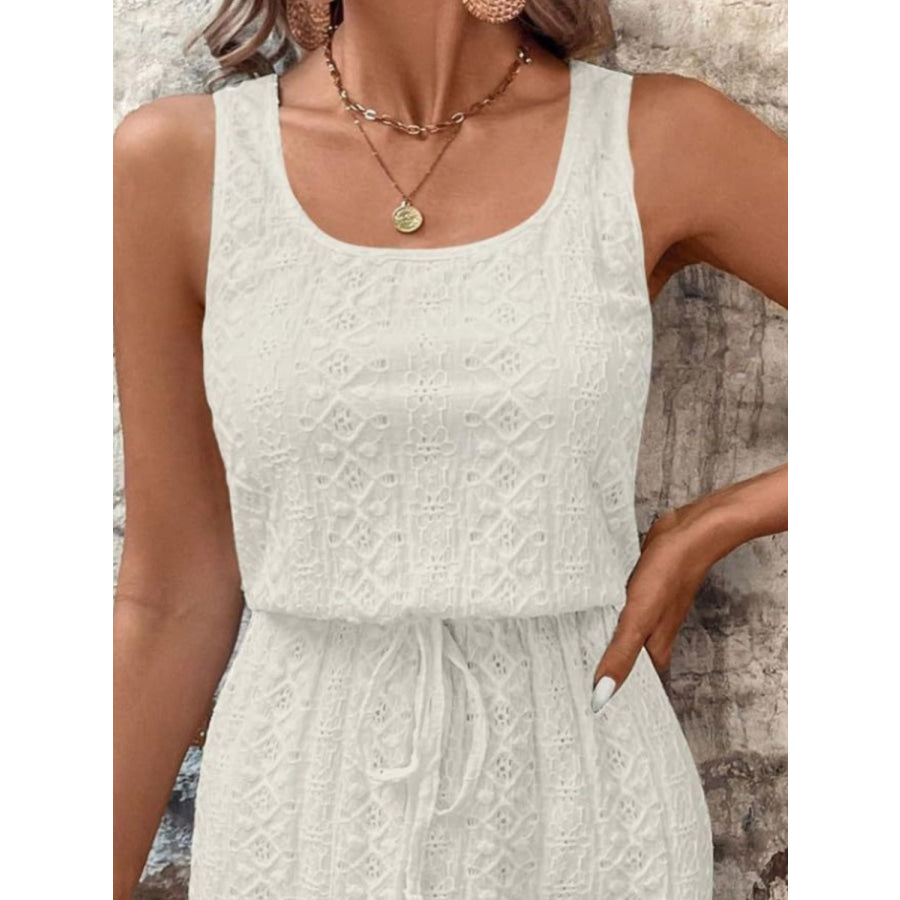 Eyelet Drawstring Round Neck Sleeveless Dress Apparel and Accessories