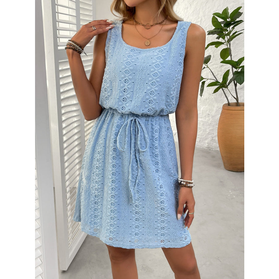 Eyelet Drawstring Round Neck Sleeveless Dress Apparel and Accessories