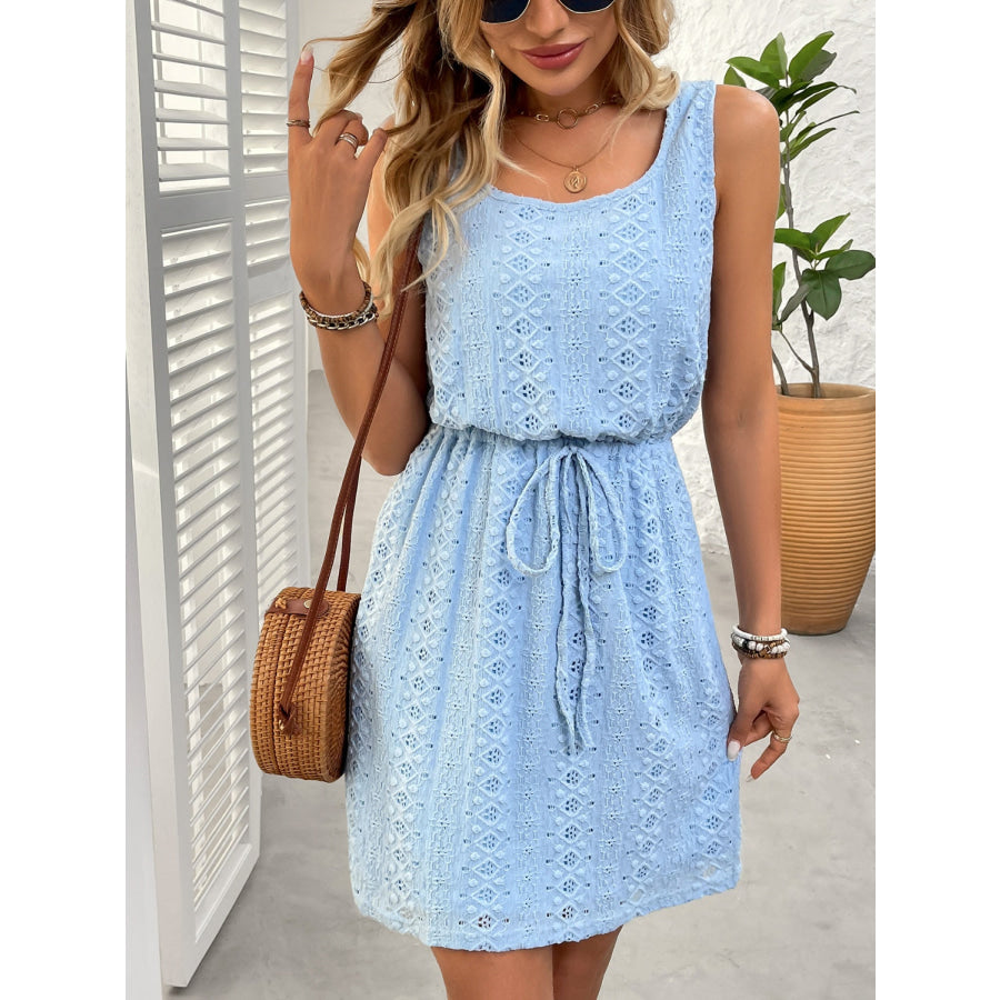 Eyelet Drawstring Round Neck Sleeveless Dress Apparel and Accessories