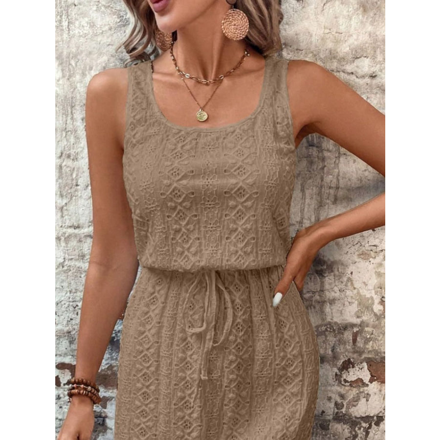 Eyelet Drawstring Round Neck Sleeveless Dress Apparel and Accessories