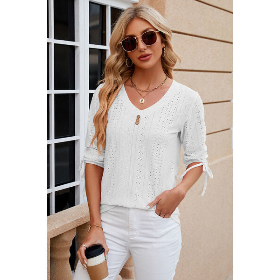 Eyelet Drawstring V - Neck Half Sleeve T - Shirt White / S Apparel and Accessories