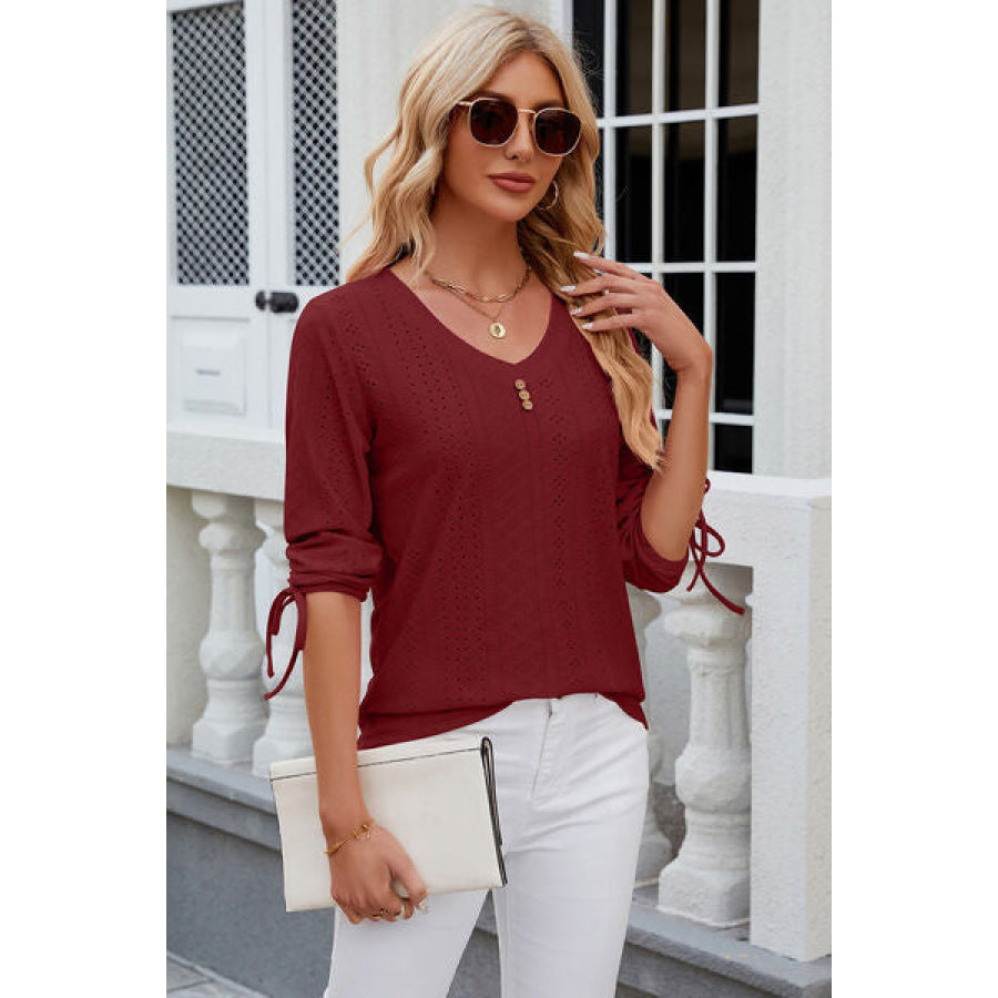 Eyelet Drawstring V - Neck Half Sleeve T - Shirt Apparel and Accessories