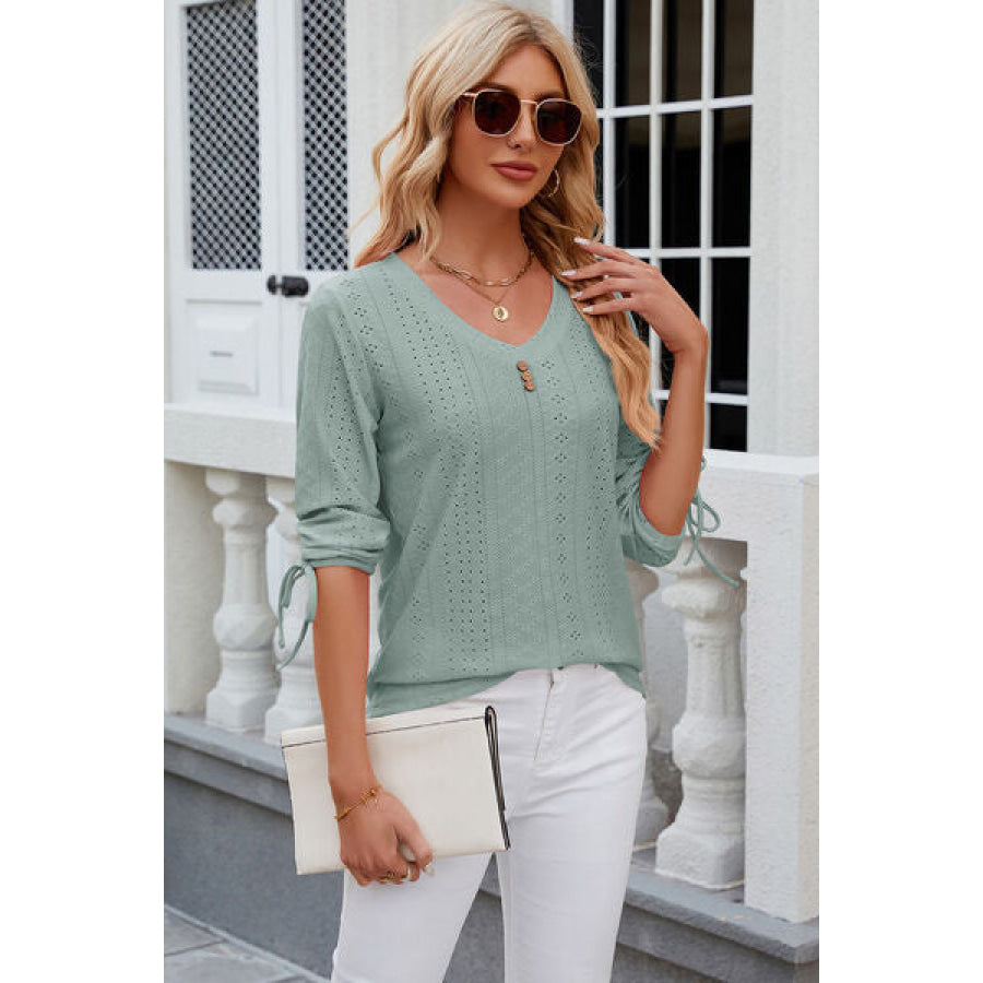 Eyelet Drawstring V - Neck Half Sleeve T - Shirt Apparel and Accessories