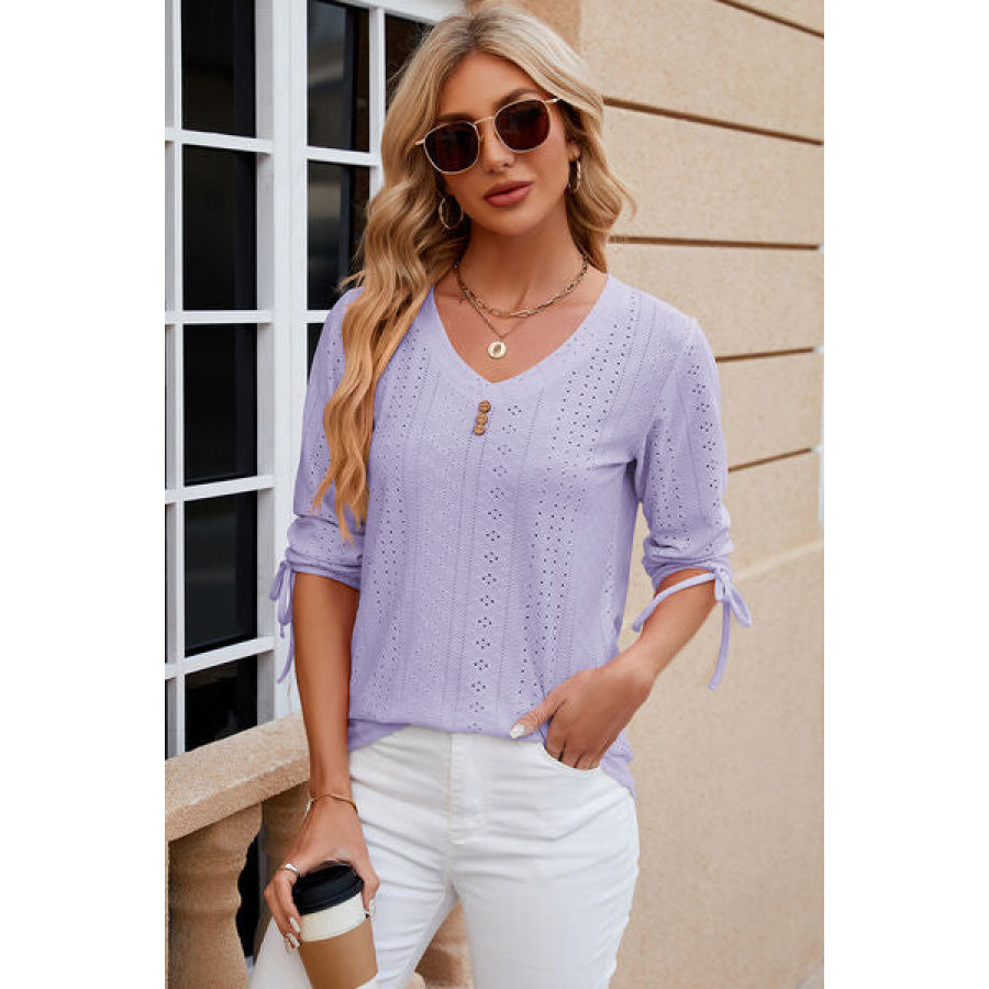 Eyelet Drawstring V - Neck Half Sleeve T - Shirt Apparel and Accessories