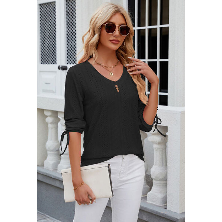 Eyelet Drawstring V - Neck Half Sleeve T - Shirt Apparel and Accessories