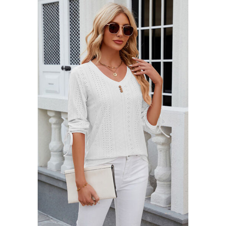 Eyelet Drawstring V - Neck Half Sleeve T - Shirt Apparel and Accessories