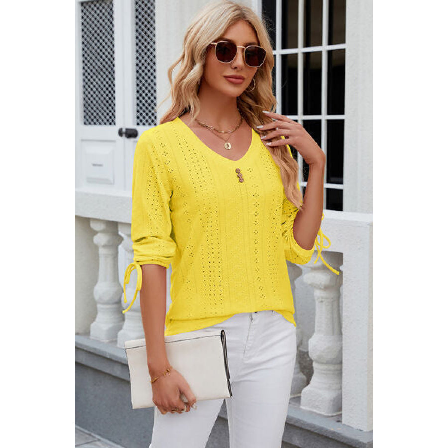 Eyelet Drawstring V - Neck Half Sleeve T - Shirt True Yellow / S Apparel and Accessories
