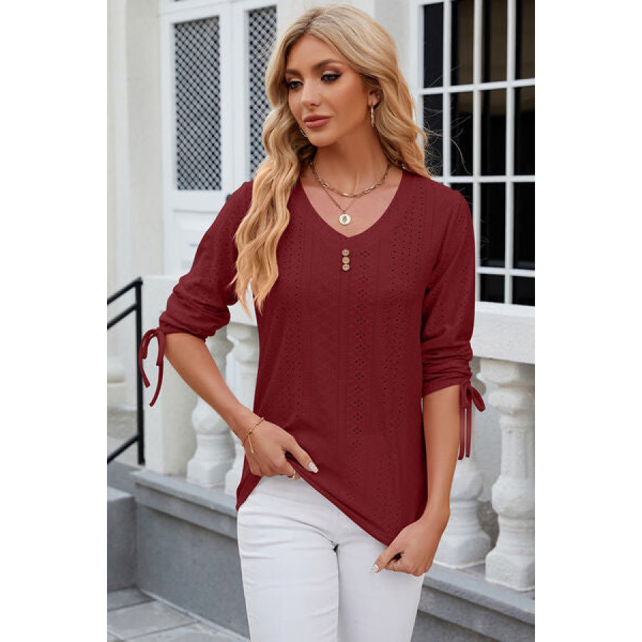 Eyelet Drawstring V - Neck Half Sleeve T - Shirt Wine / S Apparel and Accessories