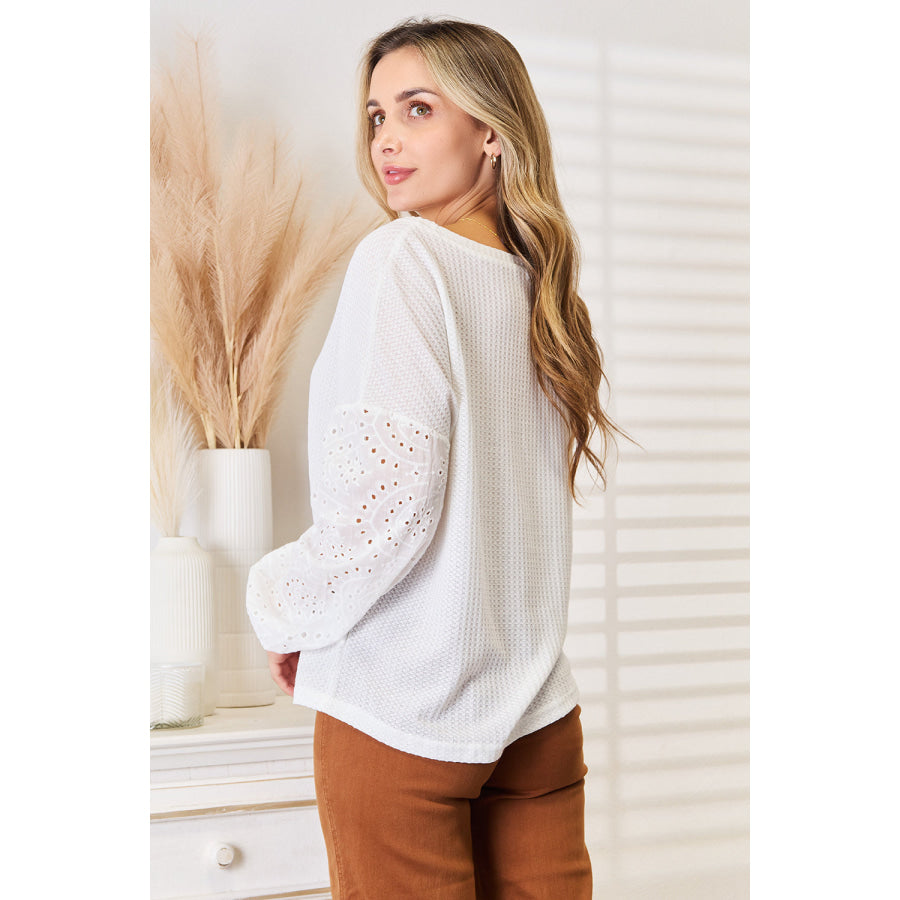 Eyelet Dropped Shoulder Round Neck Blouse Apparel and Accessories