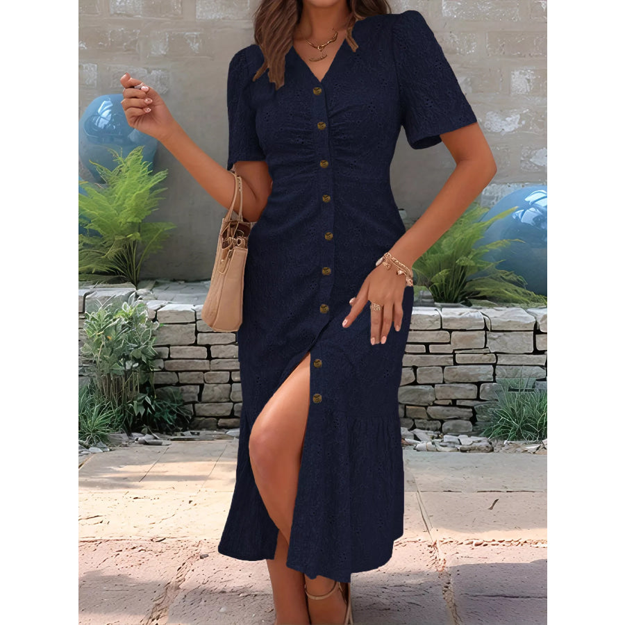 Eyelet Embroidered Button-Down Midi Dress Apparel and Accessories