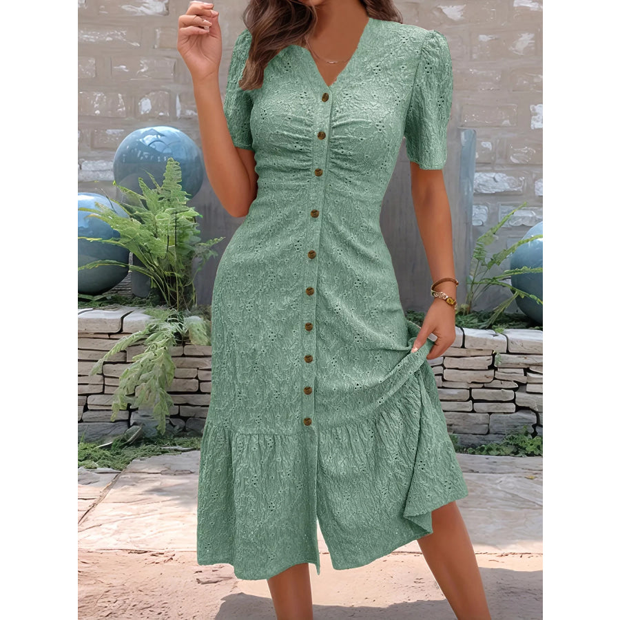 Eyelet Embroidered Button-Down Midi Dress Apparel and Accessories