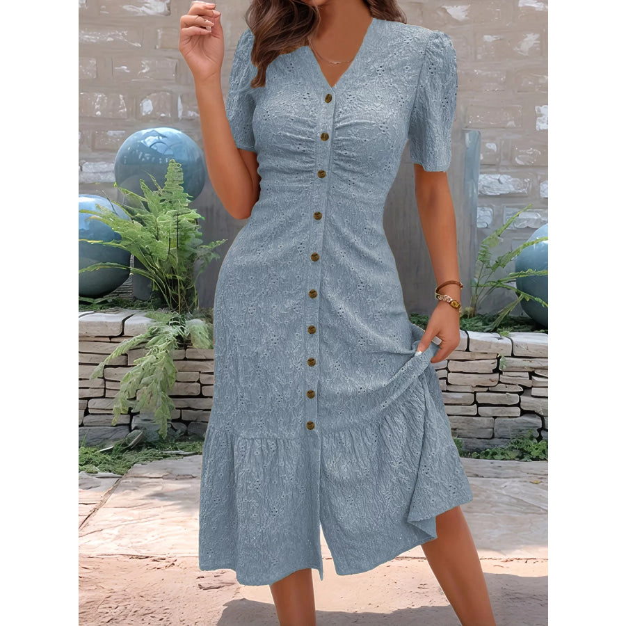 Eyelet Embroidered Button-Down Midi Dress Apparel and Accessories