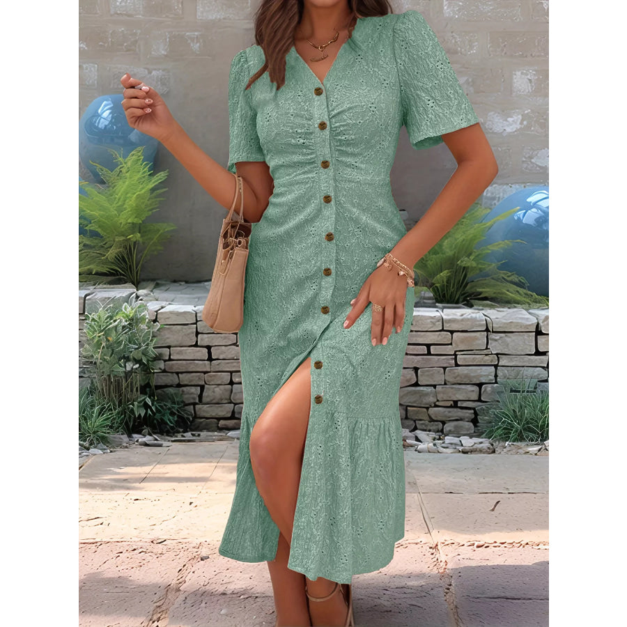 Eyelet Embroidered Button-Down Midi Dress Apparel and Accessories