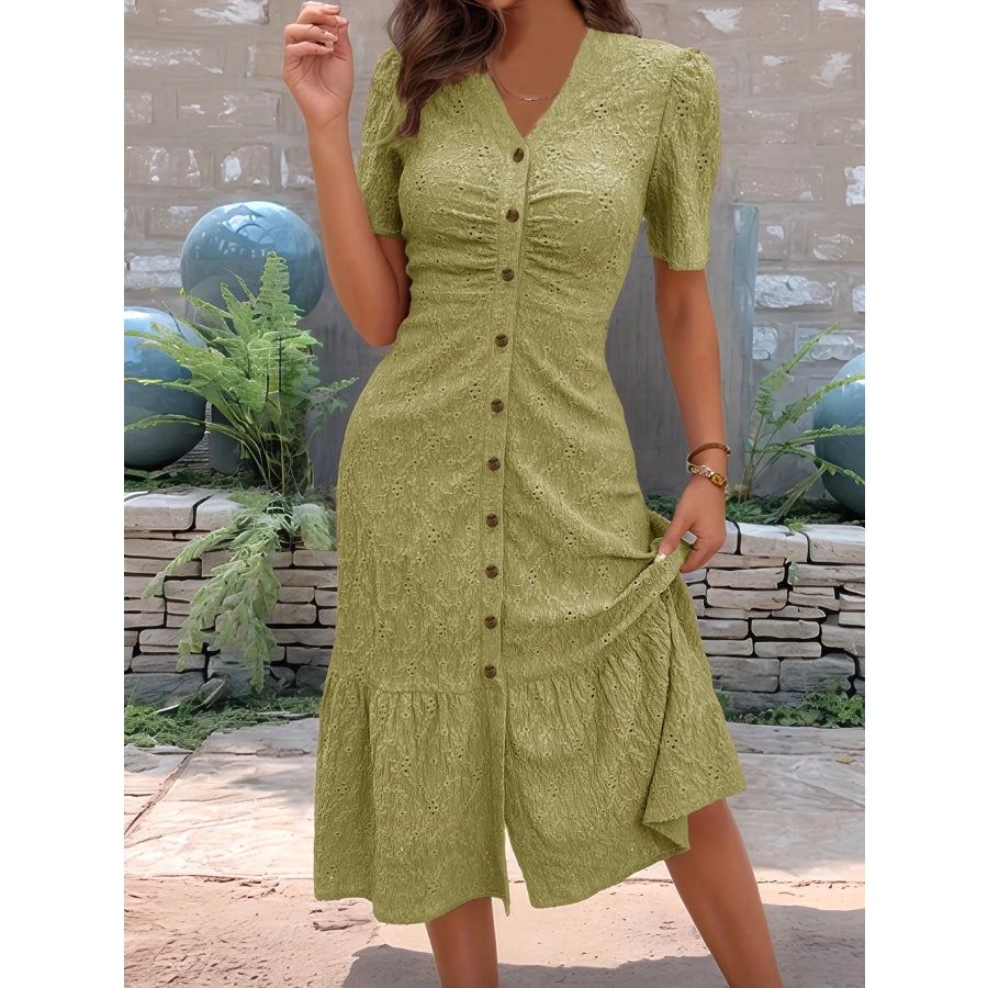 Eyelet Embroidered Button-Down Midi Dress Apparel and Accessories