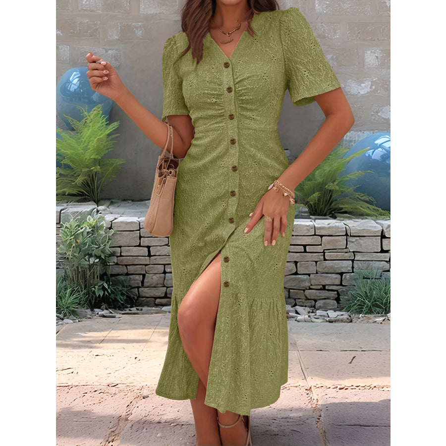 Eyelet Embroidered Button-Down Midi Dress Apparel and Accessories