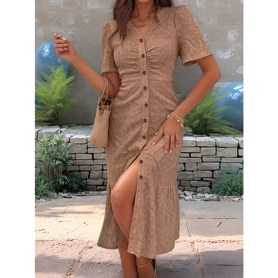 Eyelet Embroidered Button-Down Midi Dress Apparel and Accessories