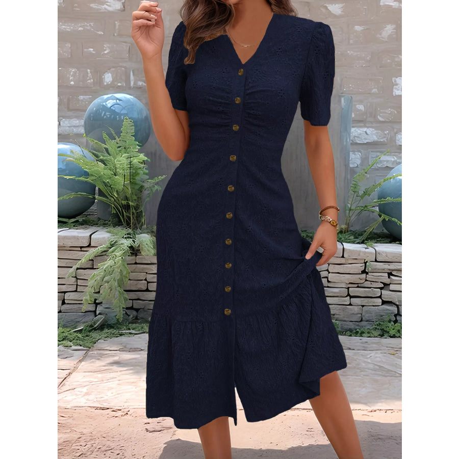 Eyelet Embroidered Button-Down Midi Dress Dark Navy / S Apparel and Accessories