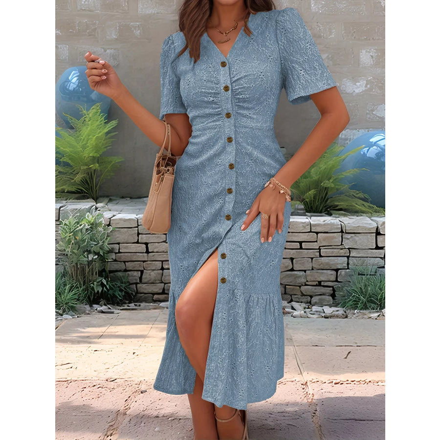 Eyelet Embroidered Button-Down Midi Dress Dusty Blue / S Apparel and Accessories