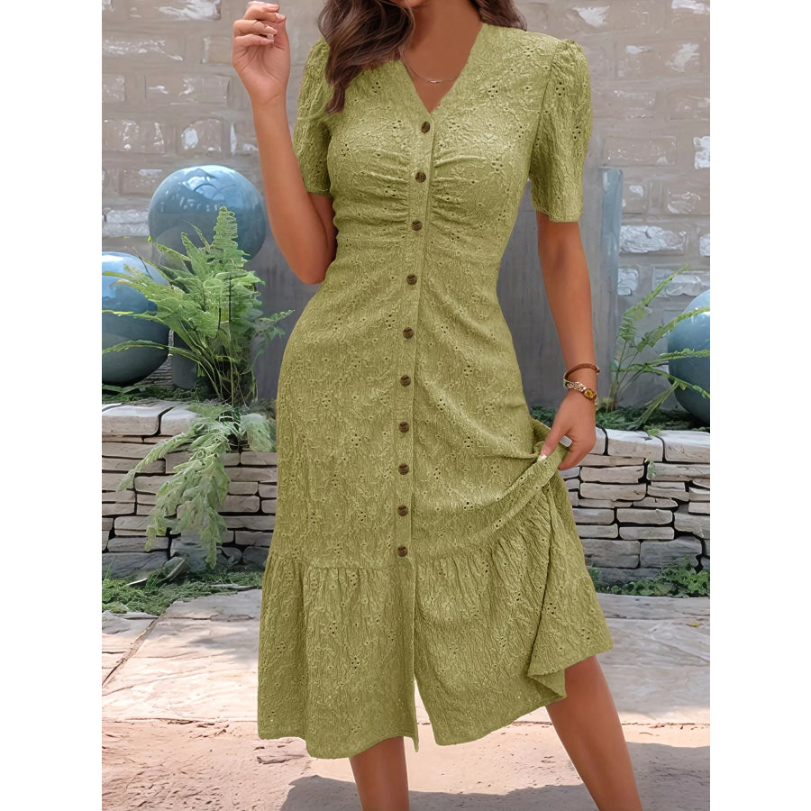 Eyelet Embroidered Button-Down Midi Dress Moss / S Apparel and Accessories