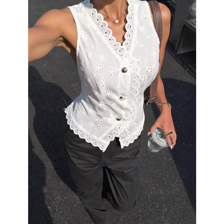 Eyelet Embroidered Button-Front Tank Apparel and Accessories