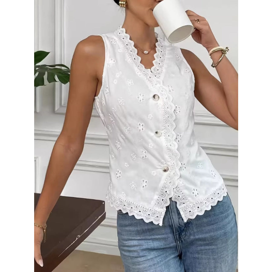 Eyelet Embroidered Button-Front Tank White / S Apparel and Accessories