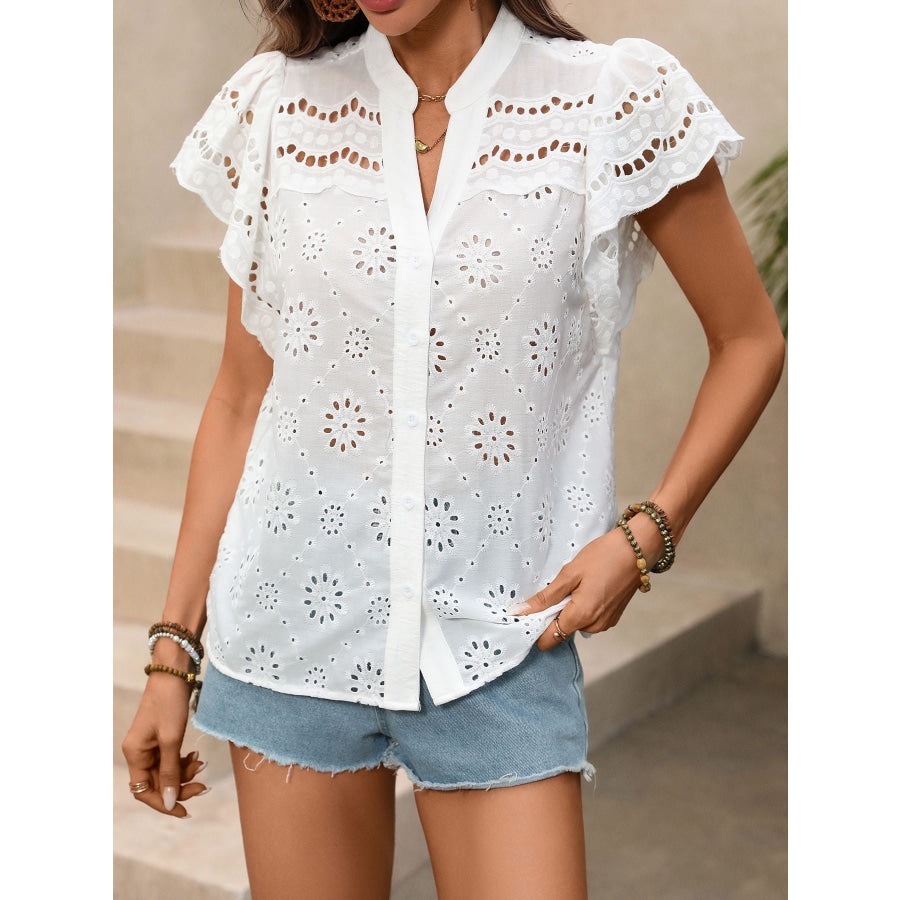 Eyelet Embroidered Button Up Shirt White / S Apparel and Accessories