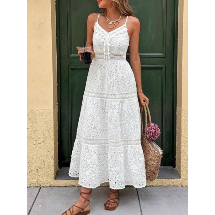 Eyelet Embroidered Cami Dress with Tassel Detail Apparel and Accessories
