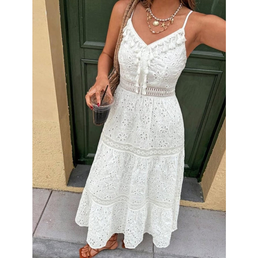 Eyelet Embroidered Cami Dress with Tassel Detail White / S Apparel and Accessories