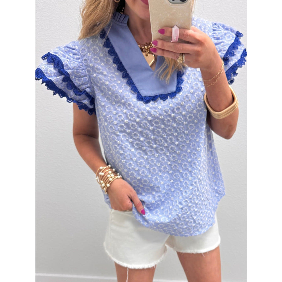 Eyelet Embroidered Flower Texture Contrast Lace Trim Flutter Sleeve Blouse Apparel and Accessories