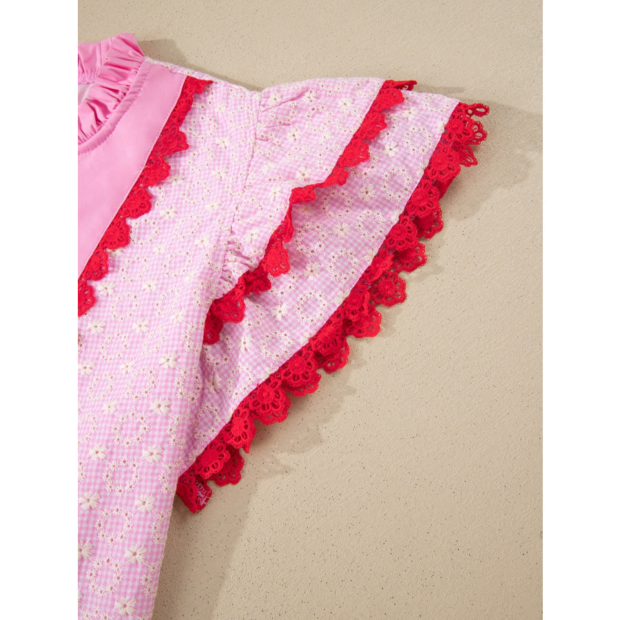 Eyelet Embroidered Flower Texture Contrast Lace Trim Flutter Sleeve Blouse Apparel and Accessories