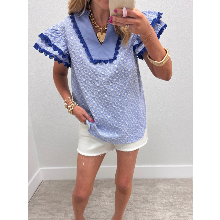 Eyelet Embroidered Flower Texture Contrast Lace Trim Flutter Sleeve Blouse Apparel and Accessories