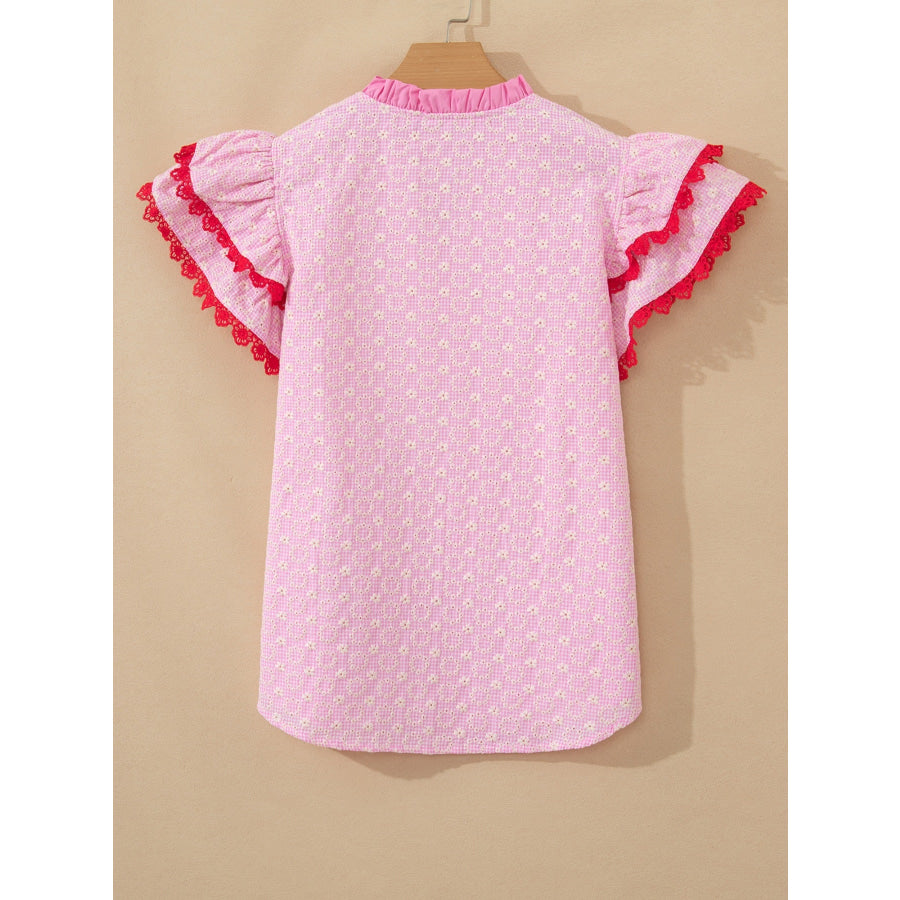 Eyelet Embroidered Flower Texture Contrast Lace Trim Flutter Sleeve Blouse Apparel and Accessories