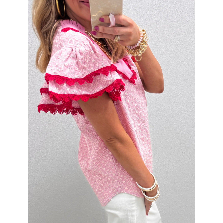 Eyelet Embroidered Flower Texture Contrast Lace Trim Flutter Sleeve Blouse Apparel and Accessories