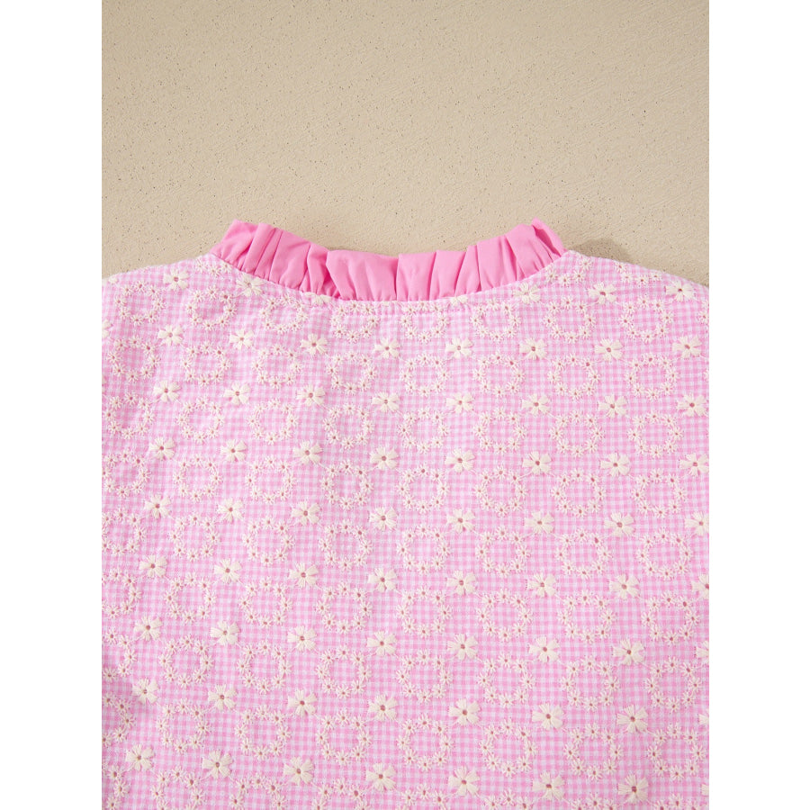 Eyelet Embroidered Flower Texture Contrast Lace Trim Flutter Sleeve Blouse Apparel and Accessories