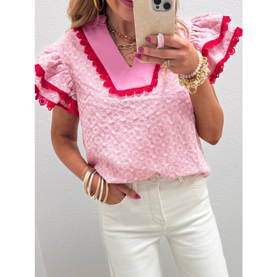 Eyelet Embroidered Flower Texture Contrast Lace Trim Flutter Sleeve Blouse Apparel and Accessories