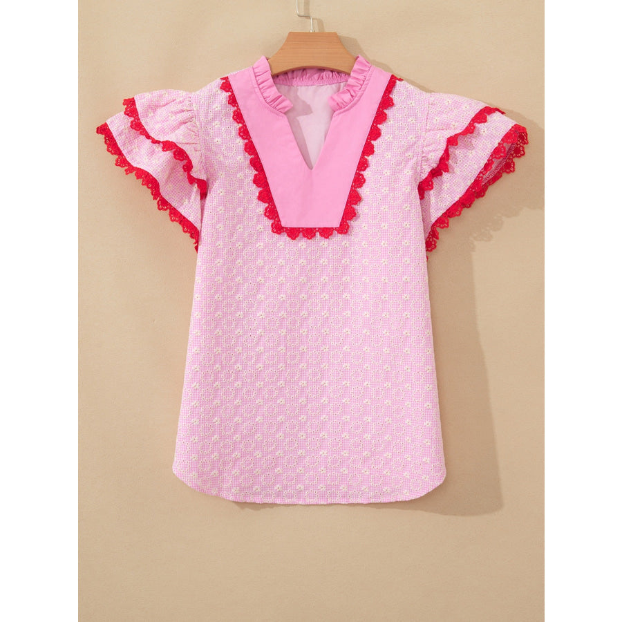 Eyelet Embroidered Flower Texture Contrast Lace Trim Flutter Sleeve Blouse Apparel and Accessories