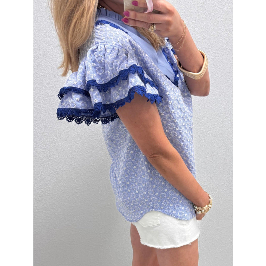 Eyelet Embroidered Flower Texture Contrast Lace Trim Flutter Sleeve Blouse Apparel and Accessories