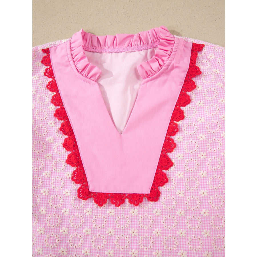 Eyelet Embroidered Flower Texture Contrast Lace Trim Flutter Sleeve Blouse Apparel and Accessories
