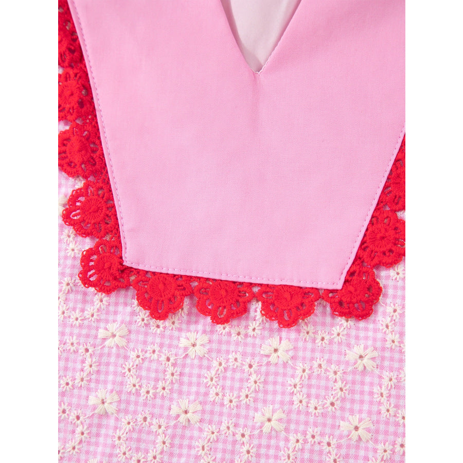 Eyelet Embroidered Flower Texture Contrast Lace Trim Flutter Sleeve Blouse Apparel and Accessories