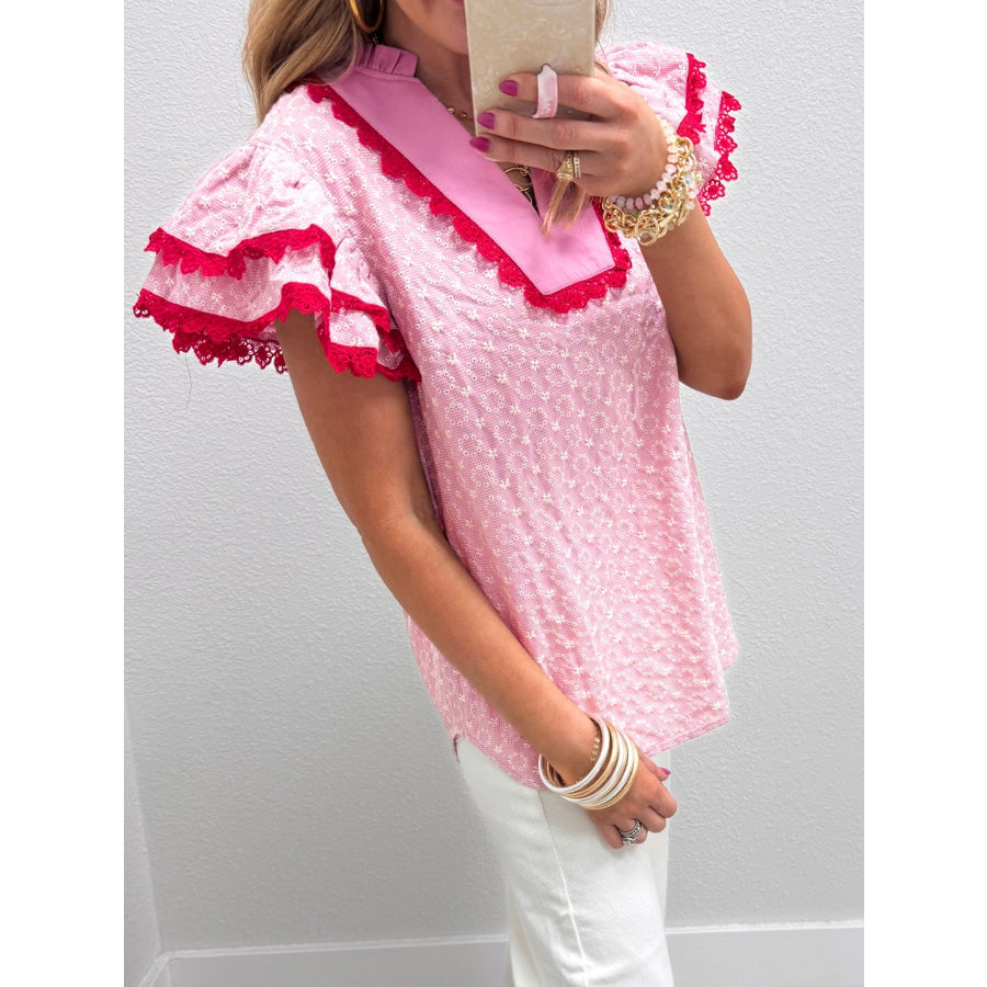 Eyelet Embroidered Flower Texture Contrast Lace Trim Flutter Sleeve Blouse Apparel and Accessories