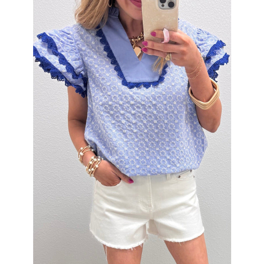 Eyelet Embroidered Flower Texture Contrast Lace Trim Flutter Sleeve Blouse Light Blue / S Apparel and Accessories