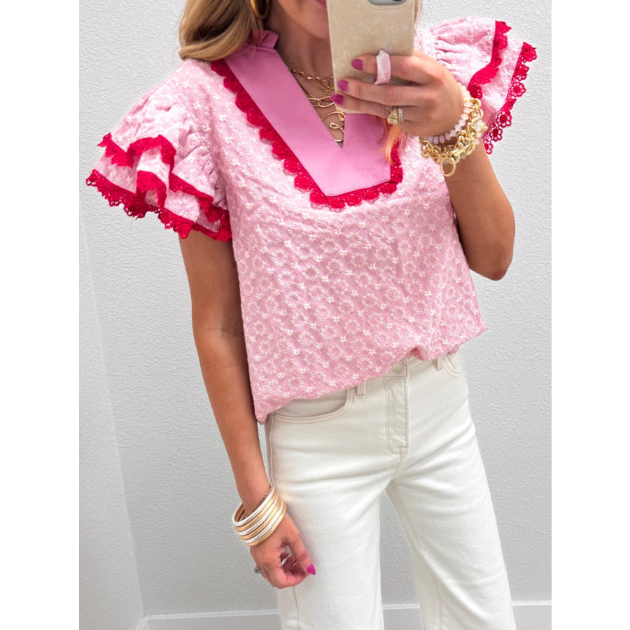 Eyelet Embroidered Flower Texture Contrast Lace Trim Flutter Sleeve Blouse Pink / S Apparel and Accessories